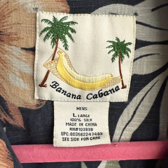 Banana Cabana 100% Silk Floral Print Hawaiian Button Down Shirt Large Black - Picture 2 of 6